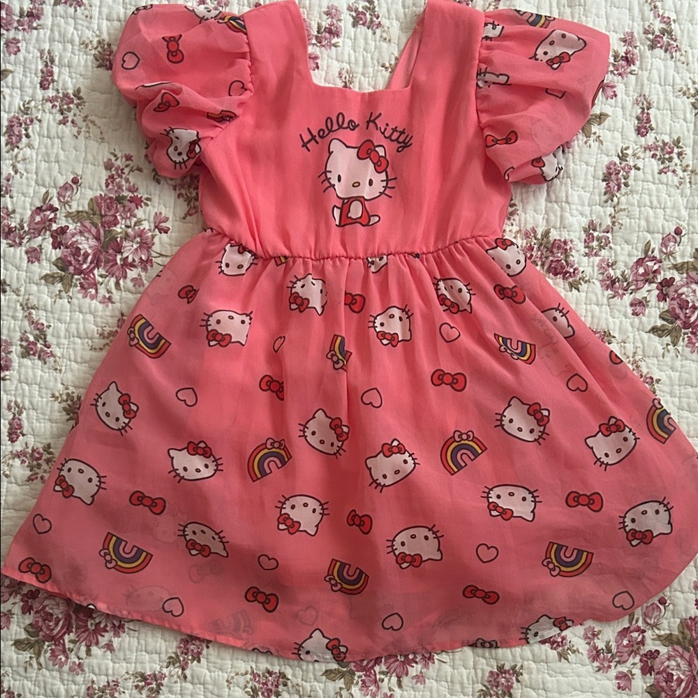 Hello Kitty Coral Pink Puff Sleeve Dress with Rainbows